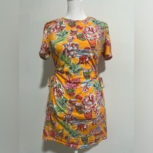 Zara Monkey Tropical Floral Print Cotton Cutout Side Mini Dress Orange SZ M